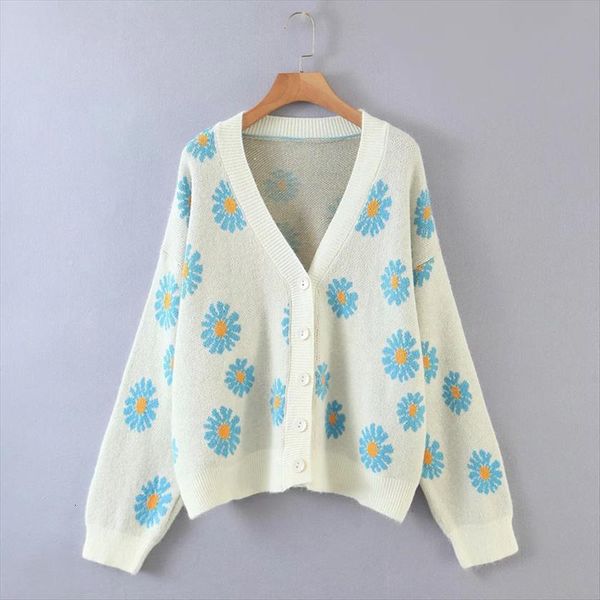 women floral daisy print sweater v neck button long sleeve spring autumn cardigan elegant ladies clothing, White;black