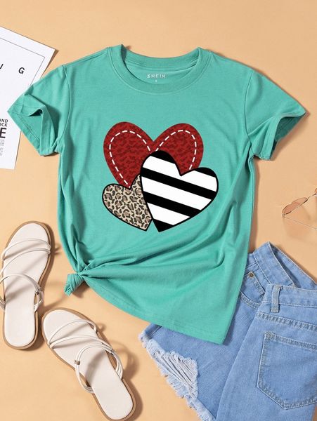 heart print round neck tee n5fe#, White