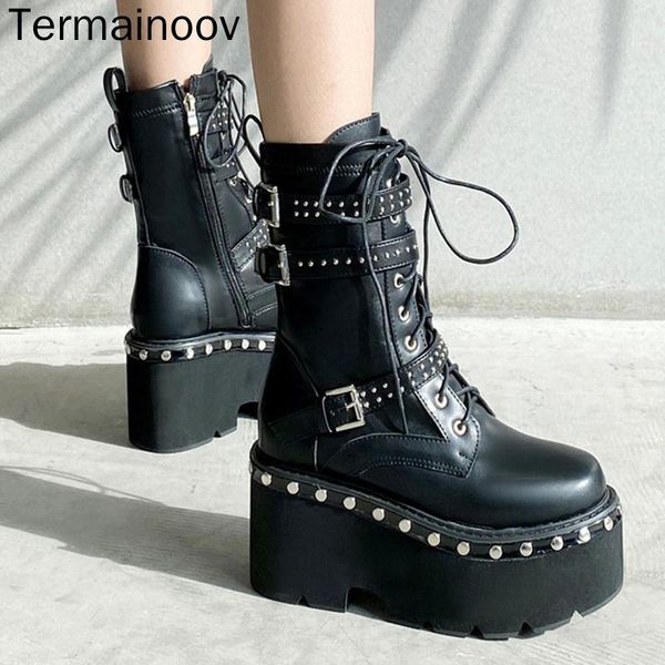 boots termainoov women winter shoes rivet metal belt buckle lace up nightclub warm ankle, Black