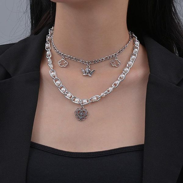 pendant necklaces gothic imitation pearl heart cross stainless steel double chain fashion women jewelry, Silver
pendant necklaces gothic imitation pearl heart cross stainless steel double chain fashion women jewelry, Silver