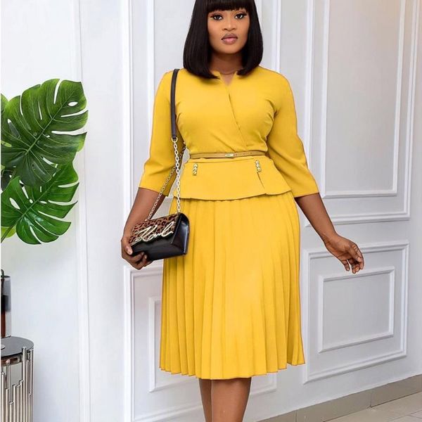 spring autumn yellow dresses casual style women dress solid v-neck 3/4 sleeve pleated midi work office vestidos, Black;gray
spring autumn yellow dresses casual style women dress solid v-neck 3/4 sleeve pleated midi work office vestidos, Black;gray