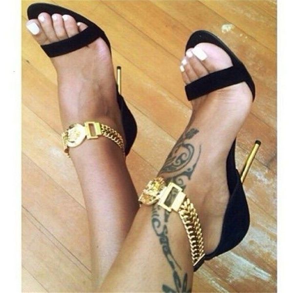 -woman style customzed suede lady gold heel woman metal decoration chian sandals, Black
-woman style customzed suede lady gold heel woman metal decoration chian sandals, Black