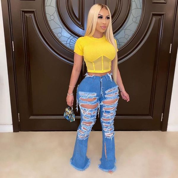 arrival summer style female fashion ripped hole solid high waist night club denim flare pants women's jeans, Blue
arrival summer style female fashion ripped hole solid high waist night club denim flare pants women's jeans, Blue