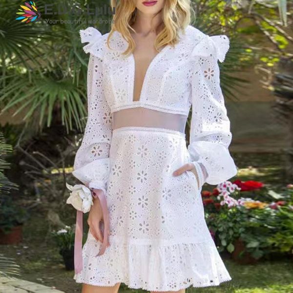 casual dresses edglulu v-neck hollow lace long sleeves white for women 2021 elegant party mini ruffle dress 0922, Black;gray 
casual dresses edglulu v-neck hollow lace long sleeves white for women 2021 elegant party mini ruffle dress 0922, Black;gray