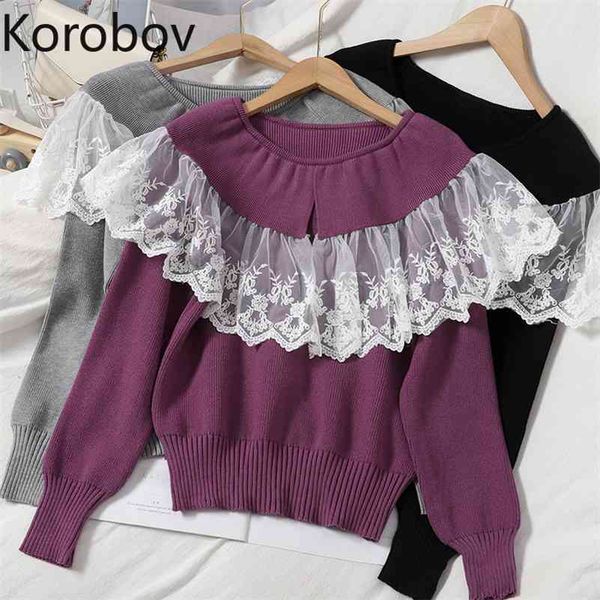 korobov autumn winter new chic women pullovers korean sweet lace patchwork ruffles sweaters vintage streetwear sueter mujer 210430, White;black
korobov autumn winter new chic women pullovers korean sweet lace patchwork ruffles sweaters vintage streetwear sueter mujer 210430, White;black