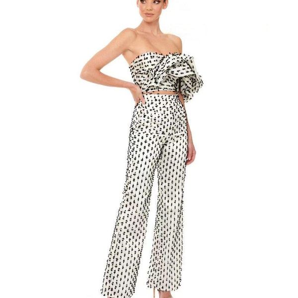 women's two piece pants est 2021 summer fashion suit slash neck backless tube pleated crop jacquard trousers set, White
women's two piece pants est 2021 summer fashion suit slash neck backless tube pleated crop jacquard trousers set, White