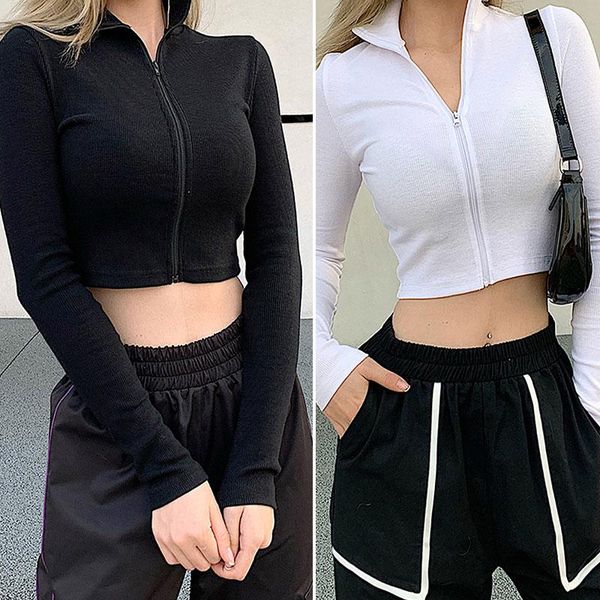 women's t-shirt casual turtleneck middle zipper knitted ribbed elastic girl harajuku long sleeve stretch crop top, White
women's t-shirt casual turtleneck middle zipper knitted ribbed elastic girl harajuku long sleeve stretch crop top, White