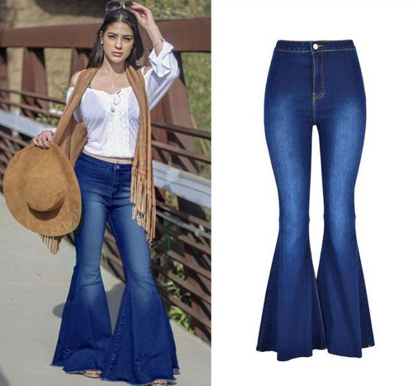 fall winter women blue flare high elastic denim full length long pants fashion lady bell bottom jeans real pictures