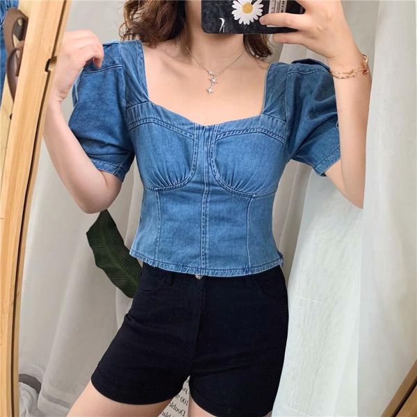 women's blouses & shirts women summer shirt retro blue denim crop short sleeve side zipper chic female slim fashion clothing, White
women's blouses & shirts women summer shirt retro blue denim crop short sleeve side zipper chic female slim fashion clothing, White
