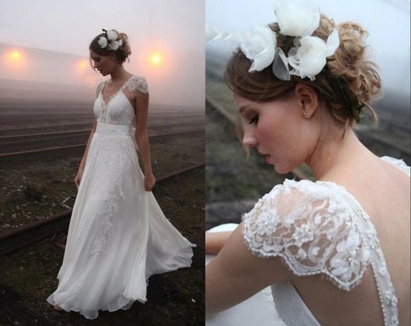modern bohemian wedding dresses bridal gown cap short sleeves backless 3d floral flowers v neck lace applique soft tulle sweep train beach, White
modern bohemian wedding dresses bridal gown cap short sleeves backless 3d floral flowers v neck lace applique soft tulle sweep train beach, White