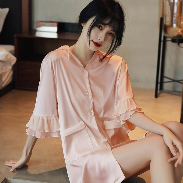 women's sleepwear pink sleepshirt summer thin nightgown satin lapel sleepdress casual lace sleeve night shirt home dressing gown with b, Black;red
women's sleepwear pink sleepshirt summer thin nightgown satin lapel sleepdress casual lace sleeve night shirt home dressing gown with b, Black;red