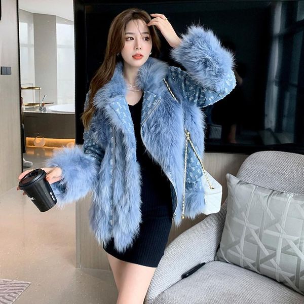women's fur & faux 2021 winter imitation denim stitching jacket short section was thin raccoon grass pie overcoming coat, Black
women's fur & faux 2021 winter imitation denim stitching jacket short section was thin raccoon grass pie overcoming coat, Black