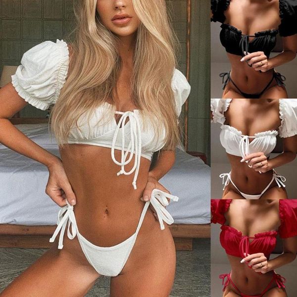 women's swimwear bikini princess style lantern sleeve tie high waist swimsuit polka various dot beach pure color set styles i9q4, White;black
women's swimwear bikini princess style lantern sleeve tie high waist swimsuit polka various dot beach pure color set styles i9q4, White;black
