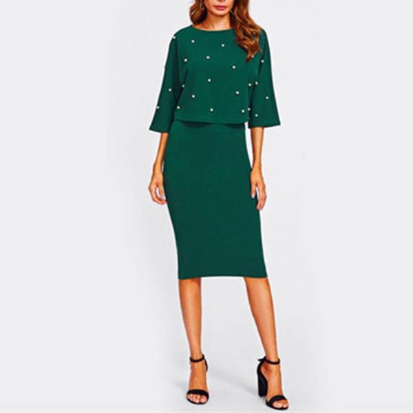 2pcs/set women autumn crew neck elegant ladies sheath dress knee length half sleeve pearl embellished women's two piece pants, White
2pcs/set women autumn crew neck elegant ladies sheath dress knee length half sleeve pearl embellished women's two piece pants, White