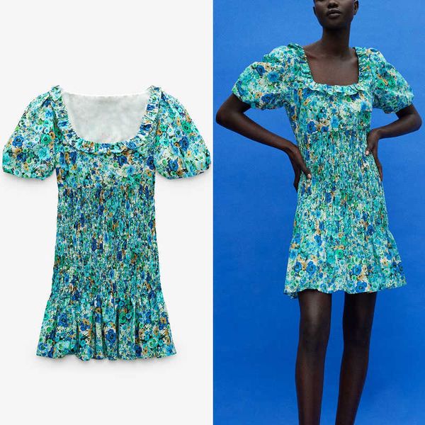za floral print blue mini dress women short puff sleeve vintage ruffle summer dress smocked ealstic pleated party dresses 210602, Black;gray
za floral print blue mini dress women short puff sleeve vintage ruffle summer dress smocked ealstic pleated party dresses 210602, Black;gray