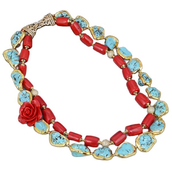 guaiguai jewelry 2 rows red coral green turquoises flower necklace cubic zirconia pave clasp 21" for women, Silver
guaiguai jewelry 2 rows red coral green turquoises flower necklace cubic zirconia pave clasp 21" for women, Silver