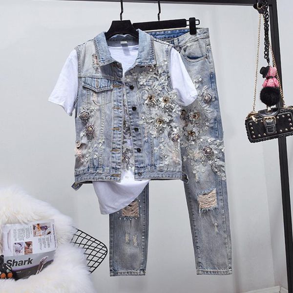 women's two piece pants spring autumn 2021 denimsuit heavy pearl embroidered jacket + jeans suit ladies hole denim trousers sets, White
women's two piece pants spring autumn 2021 denimsuit heavy pearl embroidered jacket + jeans suit ladies hole denim trousers sets, White