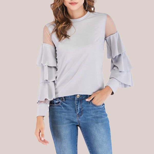 women's t-shirt western style t-shirt spring summer fashion temperament casual solid color net yarn splicing flared sleeves round neck, White
women's t-shirt western style t-shirt spring summer fashion temperament casual solid color net yarn splicing flared sleeves round neck, White