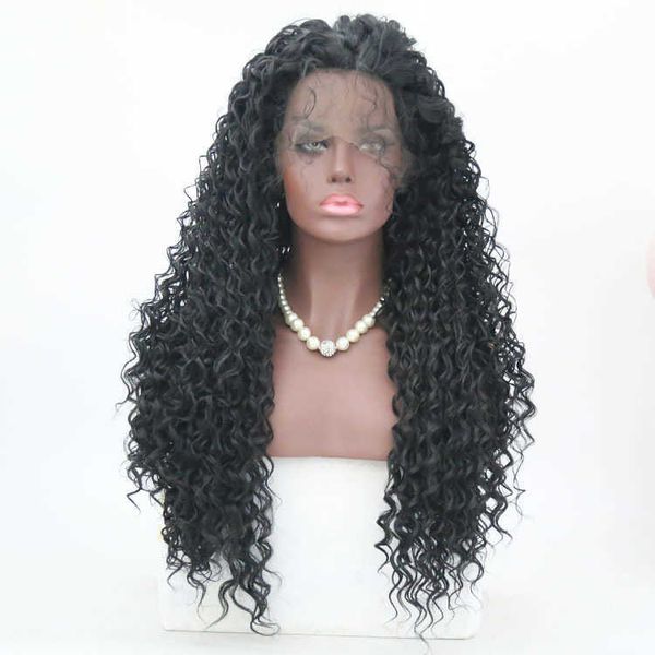front lace female long hair chemical fiber head cover small curly wig, Black
front lace female long hair chemical fiber head cover small curly wig, Black