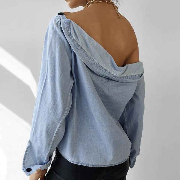off shoulder women t-shirts fashion long-sleeve pocket button casual denim shirt for loose solid plus women's t-shirt, White
off shoulder women t-shirts fashion long-sleeve pocket button casual denim shirt for loose solid plus women's t-shirt, White