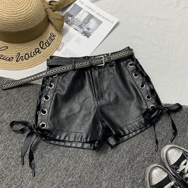 women's shorts autumn winter lace up faux leather women high waist wide leg fashion pu, White;black
women's shorts autumn winter lace up faux leather women high waist wide leg fashion pu, White;black