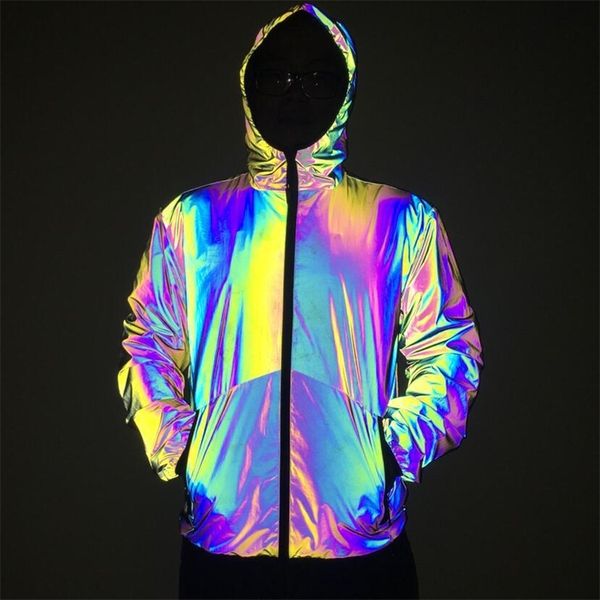 autumn and winter colorful reflective ins fashion men's hooded jacket large jacket, Black 
autumn and winter colorful reflective ins fashion men's hooded jacket large jacket, Black