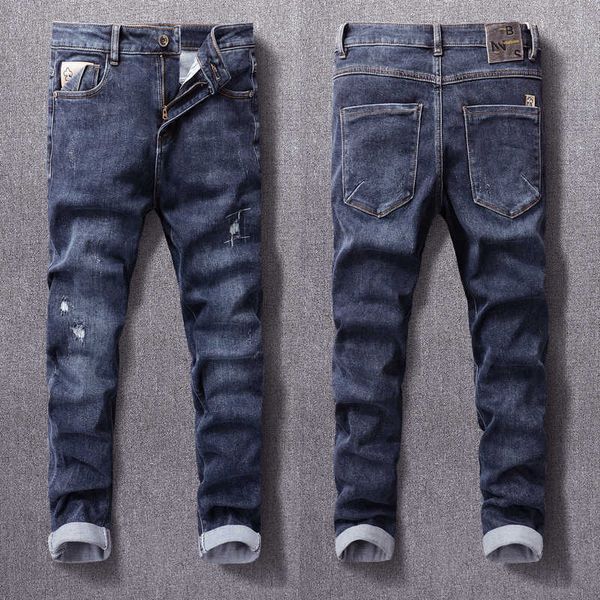 korean style fashion men jeans retro dark blue elastic slim ripped streetwear casual denim pencil pants a658
korean style fashion men jeans retro dark blue elastic slim ripped streetwear casual denim pencil pants a658