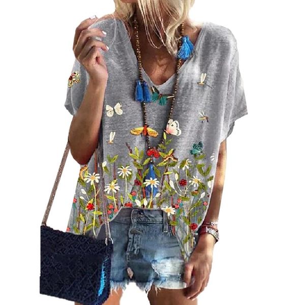 women's t-shirt women butterfly floral print casual summer v-neck short-sleeve loose tee shirt ladies fashion harajuku t d30, White 
women's t-shirt women butterfly floral print casual summer v-neck short-sleeve loose tee shirt ladies fashion harajuku t d30, White