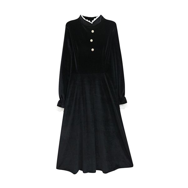 black lace collar solid button puff sleeve long mid calf midi dress elegant winter autum vintage velvet d1460 210514, Black;gray
black lace collar solid button puff sleeve long mid calf midi dress elegant winter autum vintage velvet d1460 210514, Black;gray