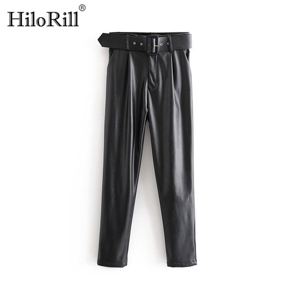 women chic black pu faux leather pants high waist pockets ladies office trousers with belt casual pleated bottoms 210508, Black;white
women chic black pu faux leather pants high waist pockets ladies office trousers with belt casual pleated bottoms 210508, Black;white