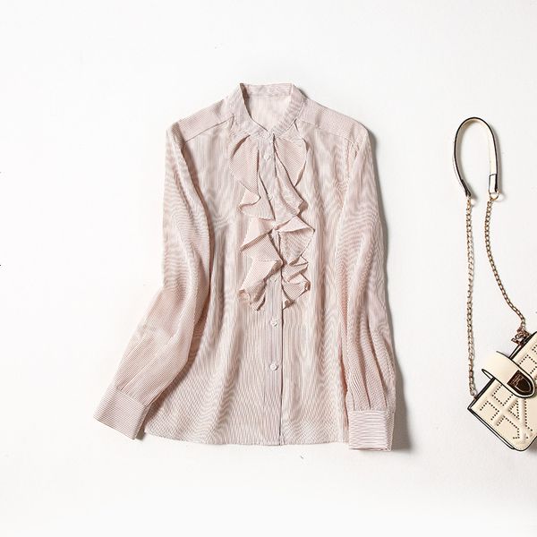 women's blouses & shirts spring long sleeve round neck multicolor striped natural silk ruffle detail single-breasted soie blouse elegan, White
women's blouses & shirts spring long sleeve round neck multicolor striped natural silk ruffle detail single-breasted soie blouse elegan, White