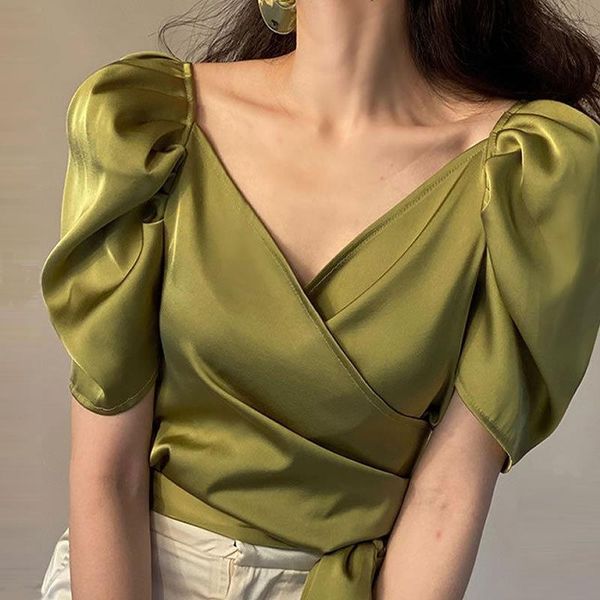 women's blouses & shirts v-neck bubble sleeve lace up short french chic blouse high-grade satin shirt summer wn*, White
women's blouses & shirts v-neck bubble sleeve lace up short french chic blouse high-grade satin shirt summer wn*, White