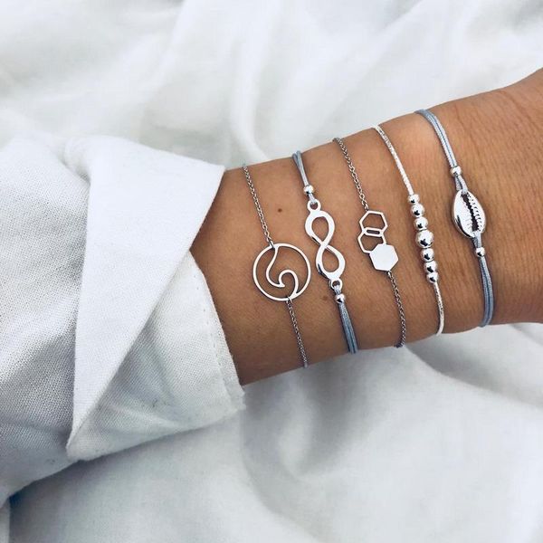 link, chain 5 pcs/set retro wave shell beads digital geometric leather multilayer silver bracelet set women fashion party jewelry gift, Black
link, chain 5 pcs/set retro wave shell beads digital geometric leather multilayer silver bracelet set women fashion party jewelry gift, Black