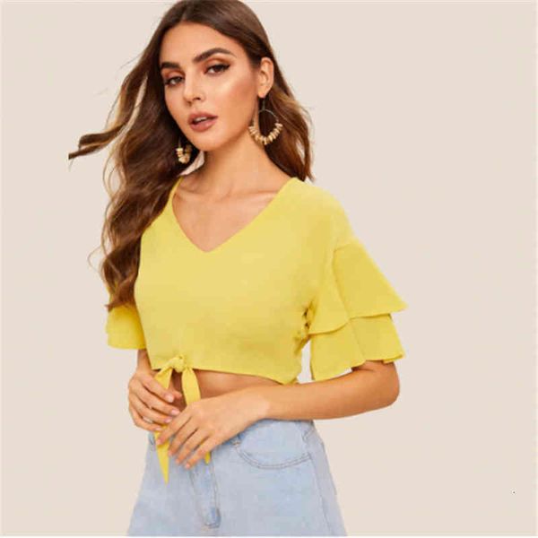 women's blouses & shirts women summer short chiffon crop blouse ladies fashion ruffled sleeve v neck lace up chic qj01, White
women's blouses & shirts women summer short chiffon crop blouse ladies fashion ruffled sleeve v neck lace up chic qj01, White