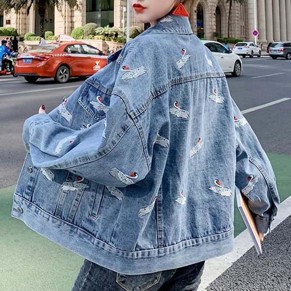 women's jackets loose korean clothes fashion embroidery swan denim jacket women coat lady 2021 spring autumn blue cowboy outerwear c01, Black;brown
women's jackets loose korean clothes fashion embroidery swan denim jacket women coat lady 2021 spring autumn blue cowboy outerwear c01, Black;brown