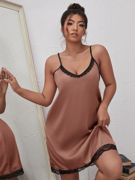 plus lace trim satin cami nightdress c6ua#, Black;white