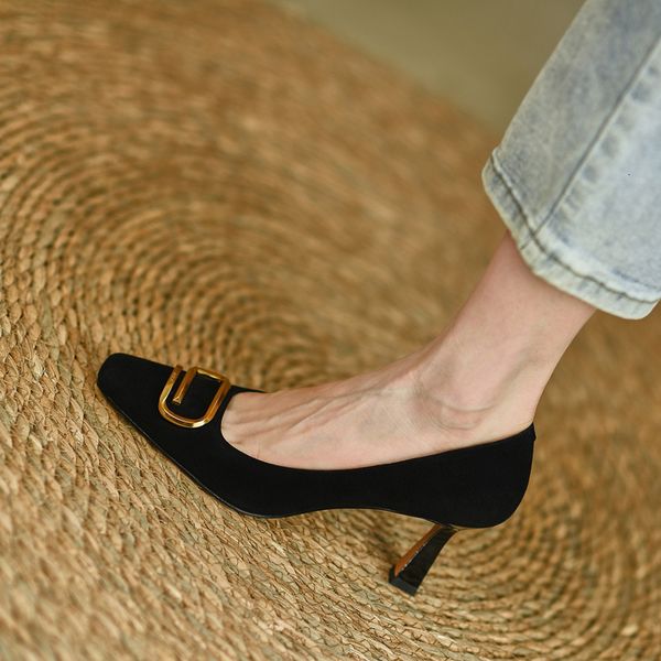 four seasons black high heels sheep suede small head shallow mouth single sho elegant thin heel metal square buckle
four seasons black high heels sheep suede small head shallow mouth single sho elegant thin heel metal square buckle