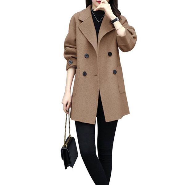women's wool & blends double preasted jacket ladies woolen coat spring autumn mid-long blended coats korean cocoon female outwear, Black 
women's wool & blends double preasted jacket ladies woolen coat spring autumn mid-long blended coats korean cocoon female outwear, Black