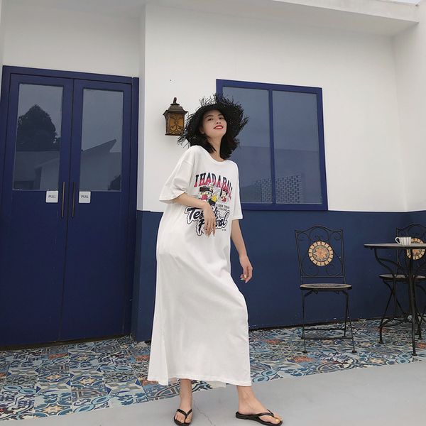 polos Summer dress casual female around the neck print long loosely dressed in short sleeves, White
polos Summer dress casual female around the neck print long loosely dressed in short sleeves, White