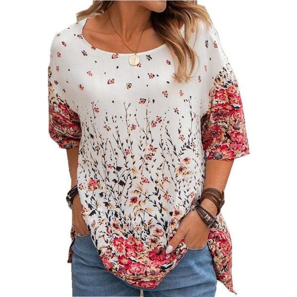 women's t-shirt fashion women floral loose o-neck half-sleeve casual splice streetwear tee for summer 2021 female cotton, White