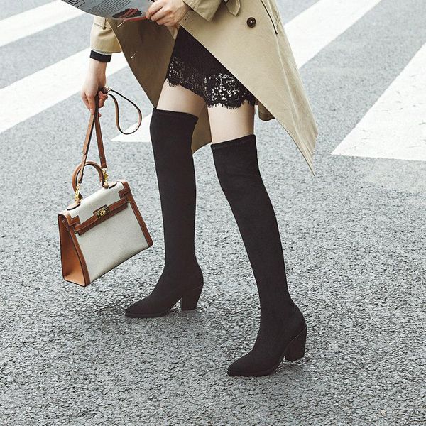 boots women high heels over-the-knee pointed toe autumn winter shoes female big size, Black