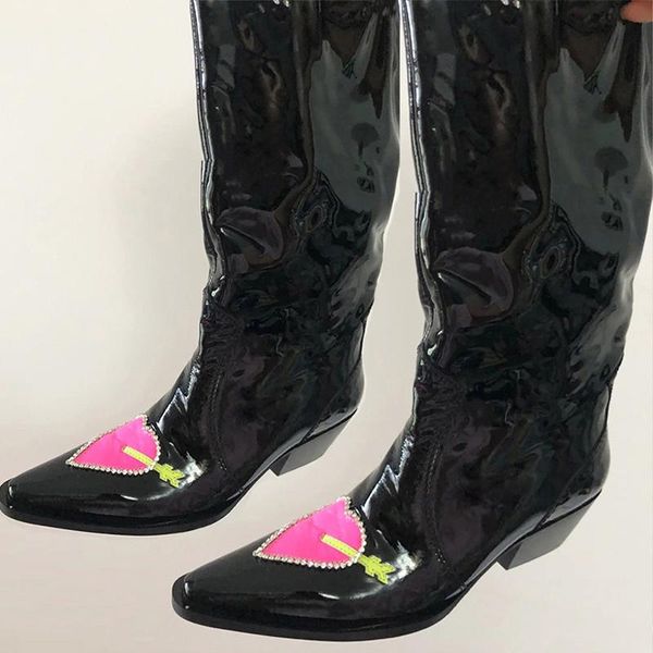 boots womens pointy toe red heart rhinestones mid calf chunky heel patent leather pull on western shoes 2021, Black 
boots womens pointy toe red heart rhinestones mid calf chunky heel patent leather pull on western shoes 2021, Black