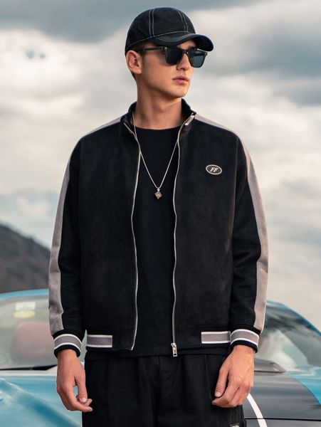 men striped trim contrast panel letter patched detail zipper bomber jacket 42vn#, Black;brown
men striped trim contrast panel letter patched detail zipper bomber jacket 42vn#, Black;brown