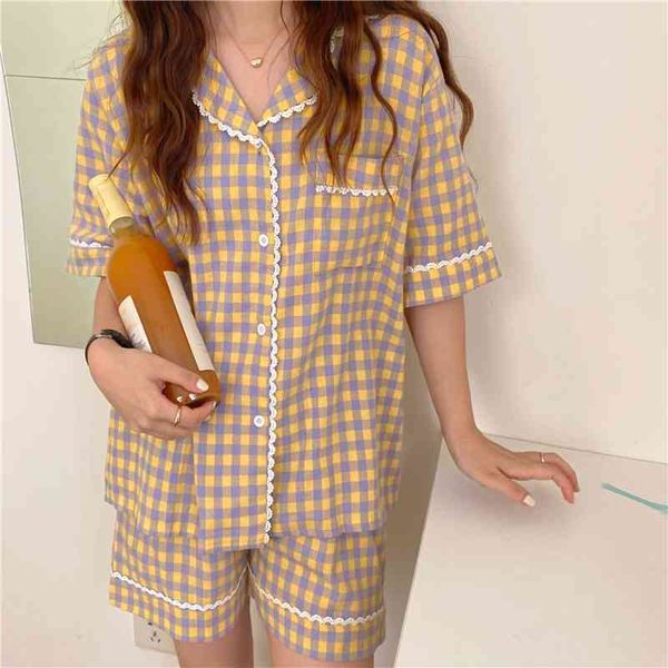 women's sleepwear two piece suit short sleeves soft plaid 2021 casual femme chic sweet summer loose homewear pajamas sets fj3w, Black;red
women's sleepwear two piece suit short sleeves soft plaid 2021 casual femme chic sweet summer loose homewear pajamas sets fj3w, Black;red
