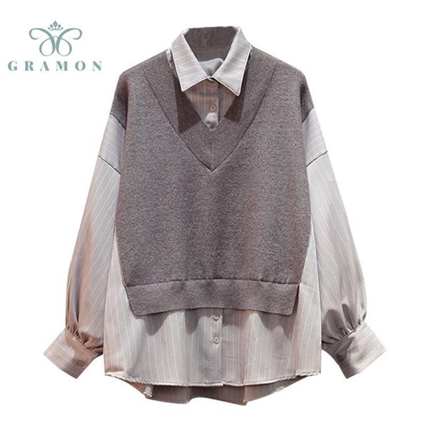 women's blouses & shirts women turn down collar knit patchwork fake 2 piece long sleeve plus size loose autumn all-match camisas mujer, White
women's blouses & shirts women turn down collar knit patchwork fake 2 piece long sleeve plus size loose autumn all-match camisas mujer, White