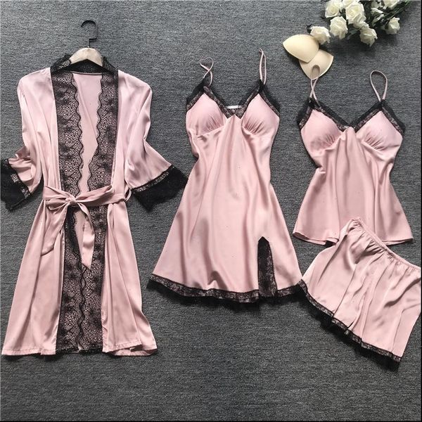 pajamas sets satin silk womens sleepwears 4 pieces nightwear pyjama spaghetti strap lace lounge pijama with pad, Black;red
pajamas sets satin silk womens sleepwears 4 pieces nightwear pyjama spaghetti strap lace lounge pijama with pad, Black;red