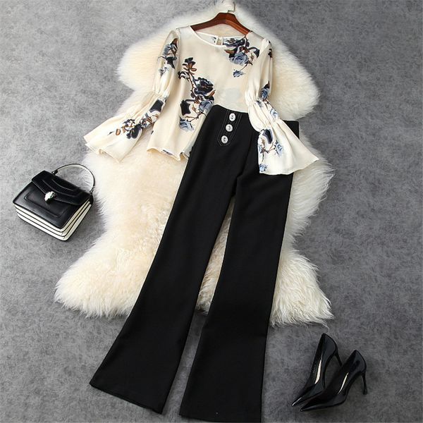 short spring lady office designers two pieces ladies suit sleeves enlarge print shirt and high waist pants, White;black
short spring lady office designers two pieces ladies suit sleeves enlarge print shirt and high waist pants, White;black