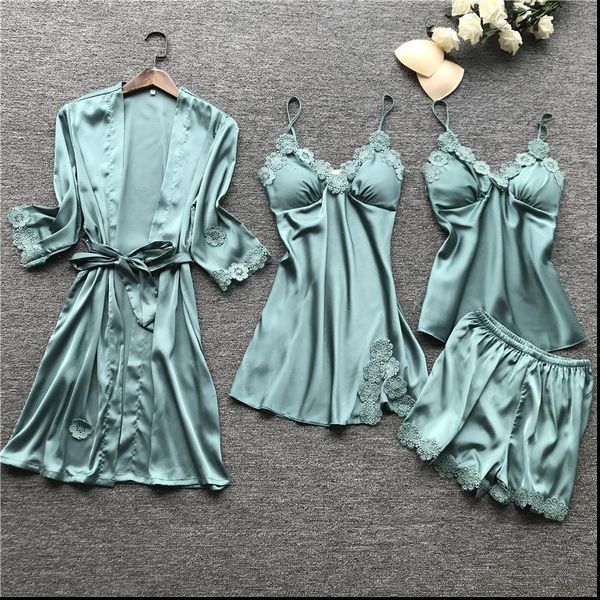 summer pajama sets 4 pcs womens sleepwears pyjamas lace satin elegant silk pijama chest pads nightwear, Black;red
summer pajama sets 4 pcs womens sleepwears pyjamas lace satin elegant silk pijama chest pads nightwear, Black;red