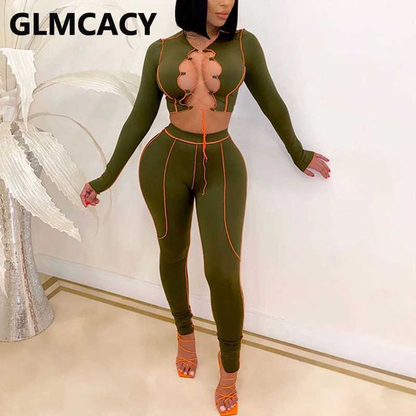 women two piece slinky suits solid lace up crop & skinny pants set 210702, White 
women two piece slinky suits solid lace up crop & skinny pants set 210702, White