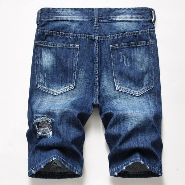 men's summer holes ripped denim shorts casual knee length distressed jeans breeches, Blue
men's summer holes ripped denim shorts casual knee length distressed jeans breeches, Blue